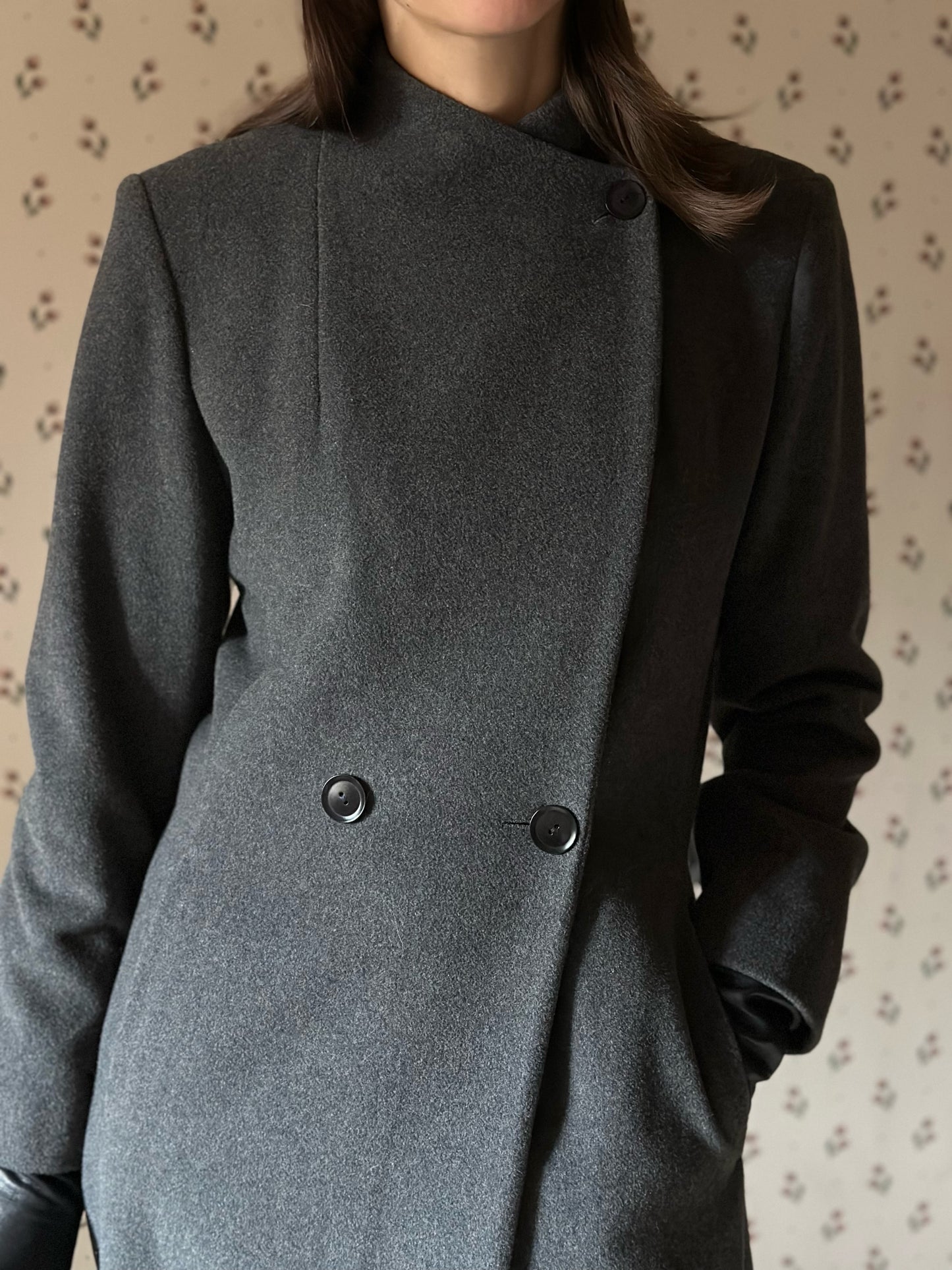 Gray Structured Wool & Cashmere Round Neck Coat