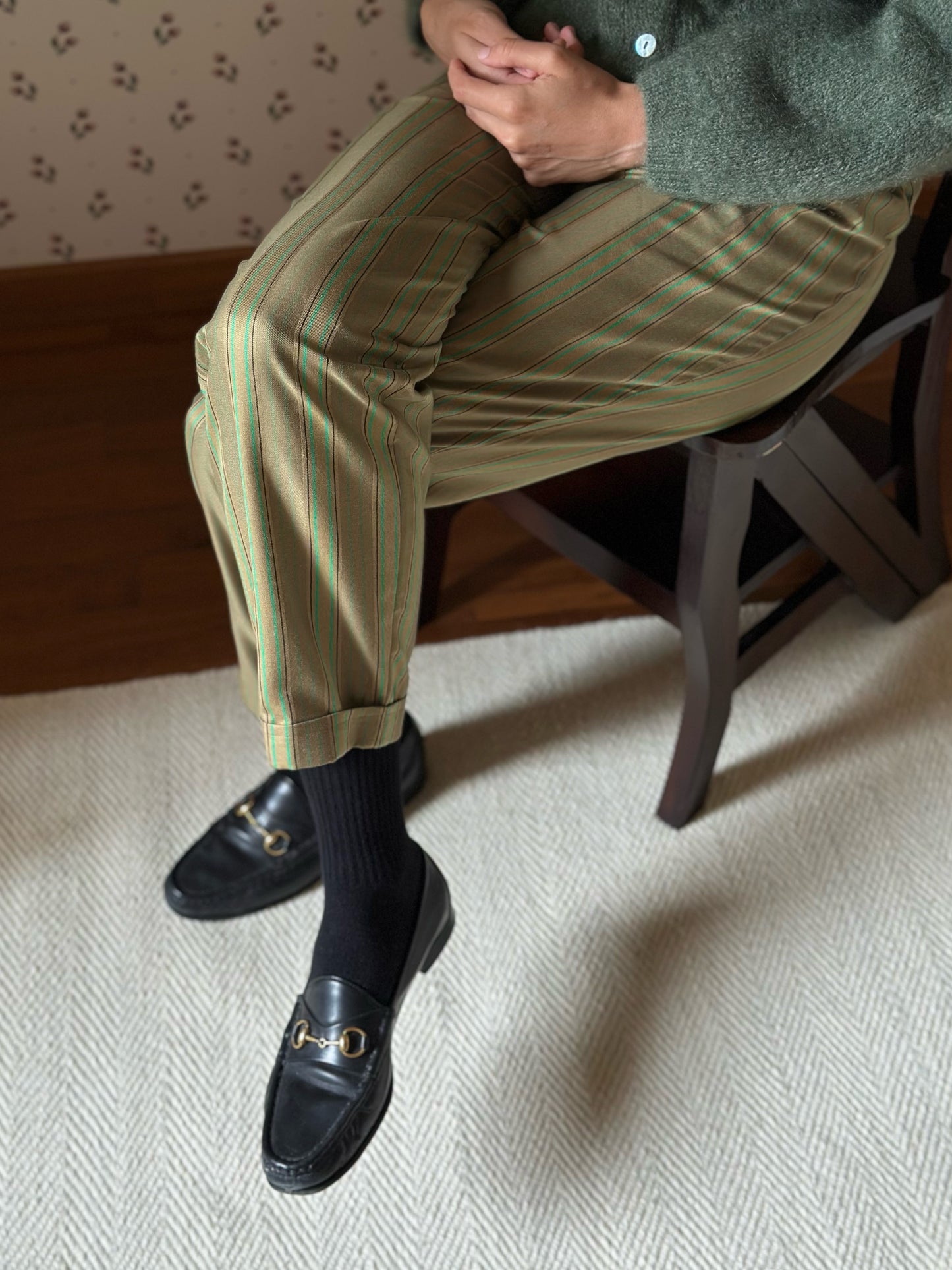 Vintage Green Striped Cotton Trousers