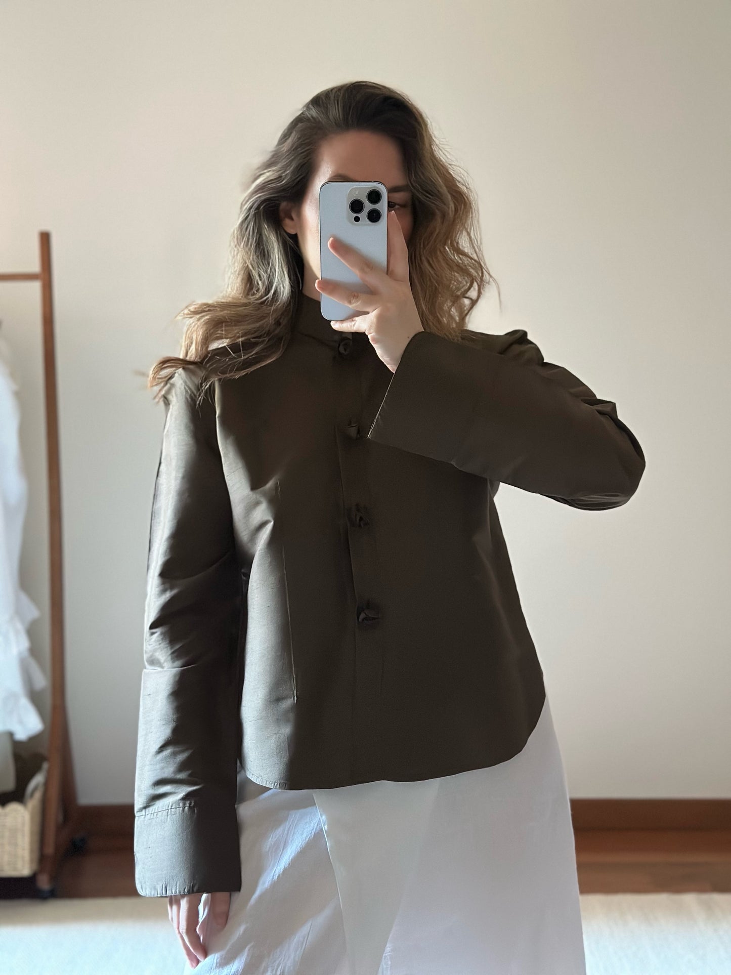 100% Silk Khaki Shirt With Rose Buttons