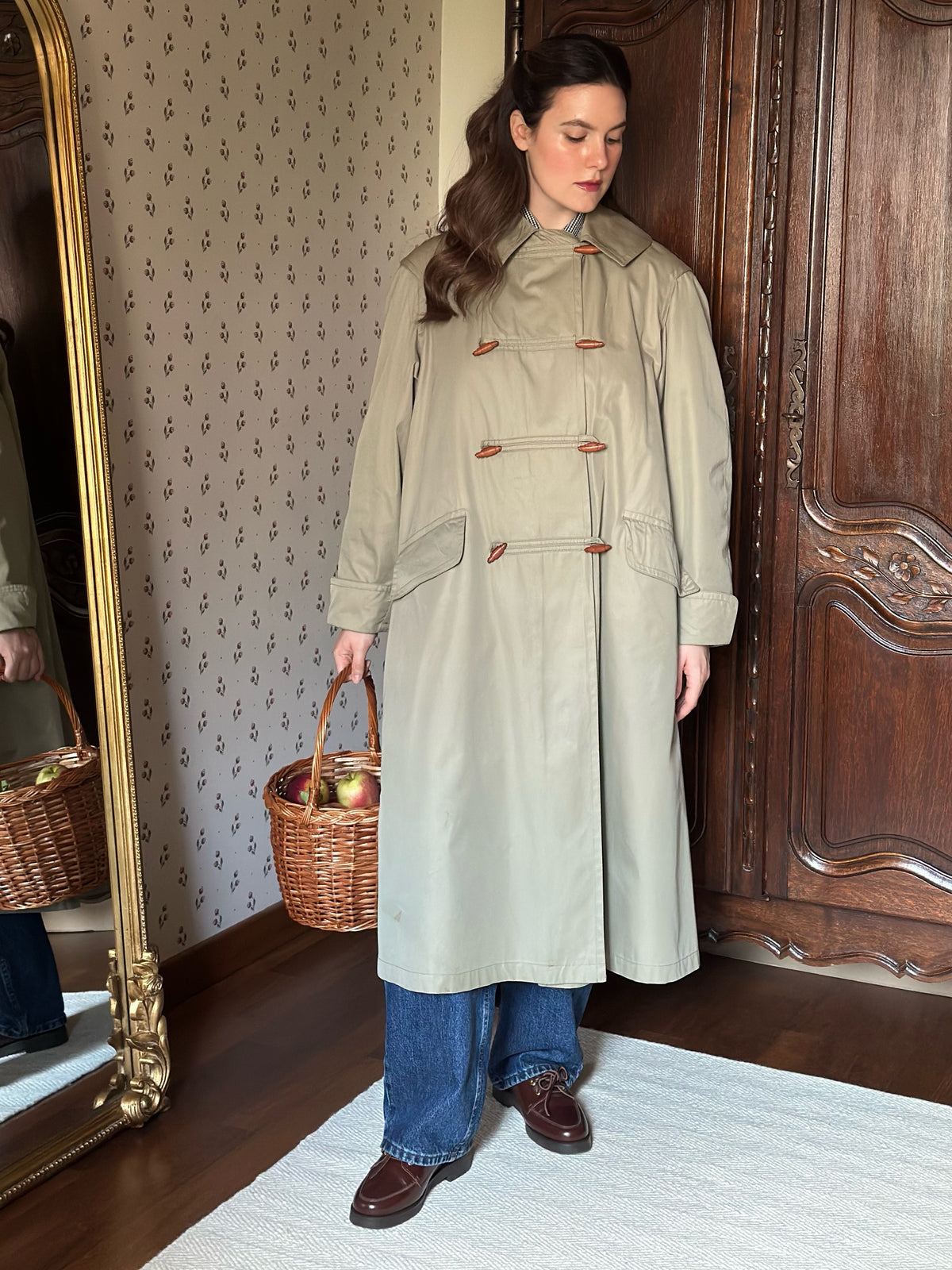 Khaki Trench Coat With Red Tartan Lining