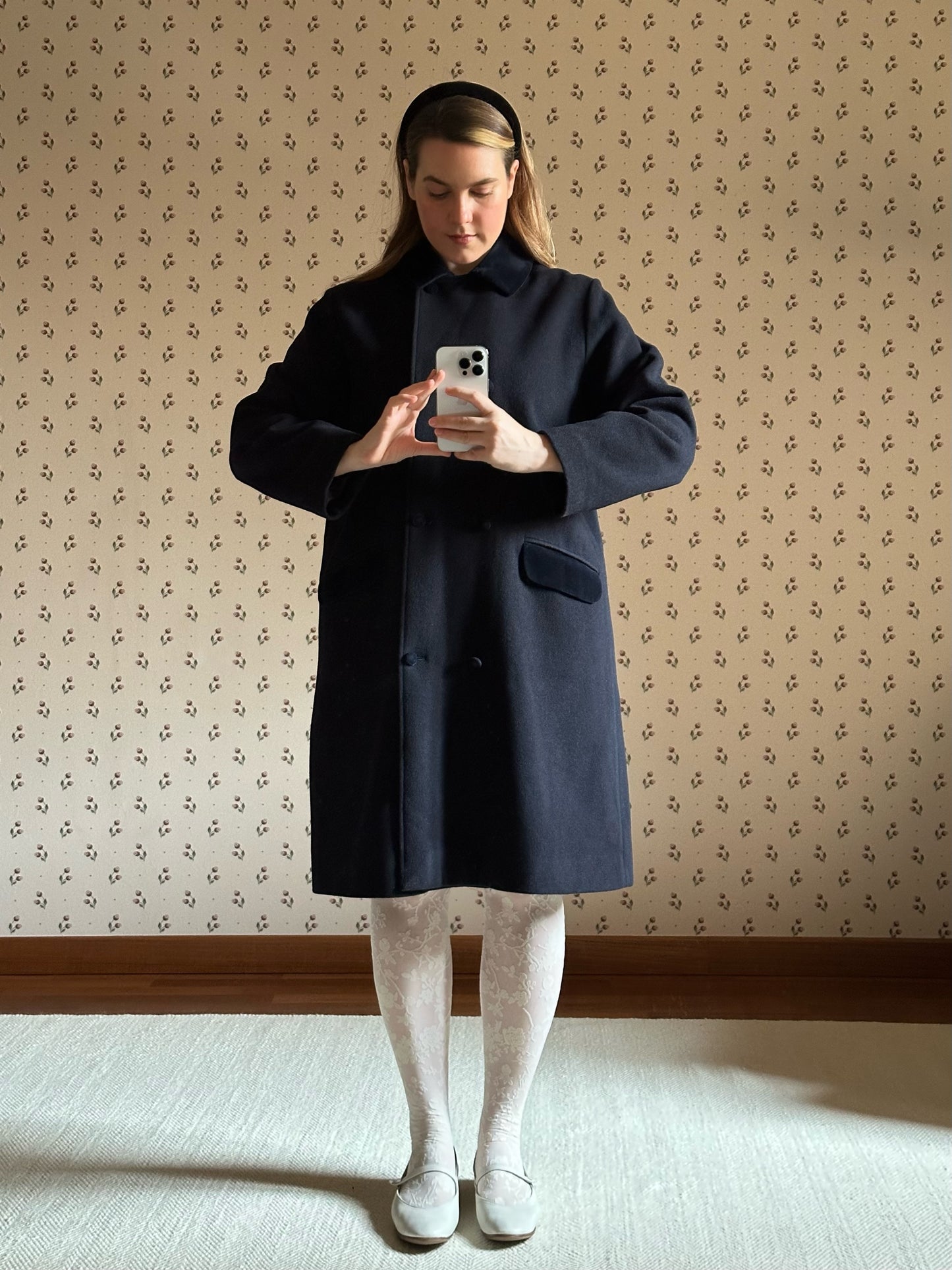 Vintage Blue Swing Coat With Velvet Details