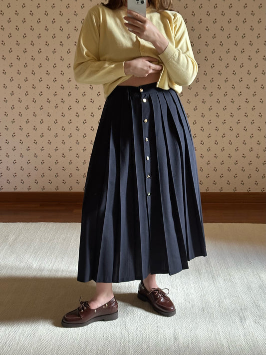 Long Pleated Blue Wool Skirt