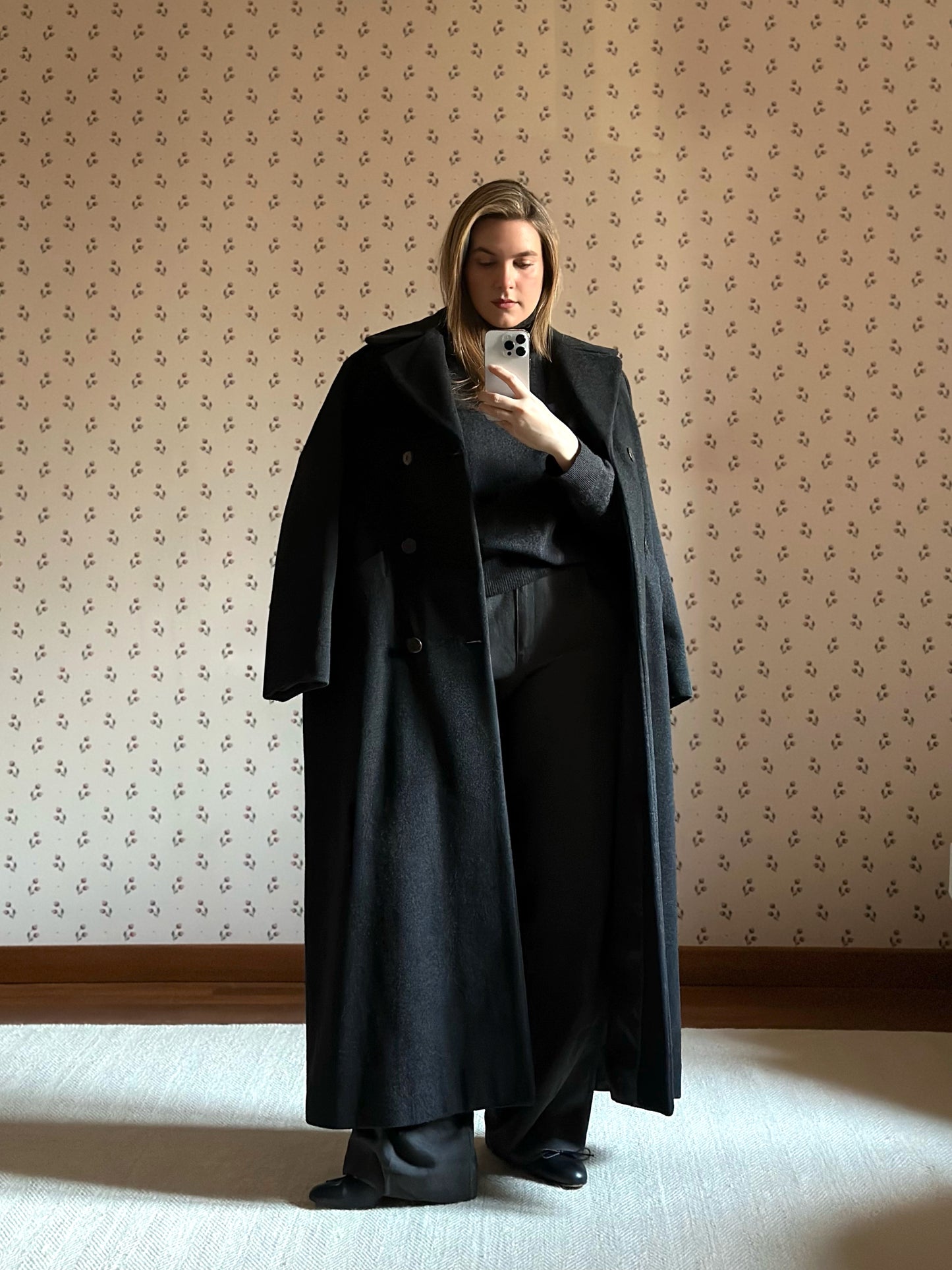 Long Gray Wool & Cashmere Belted Coat