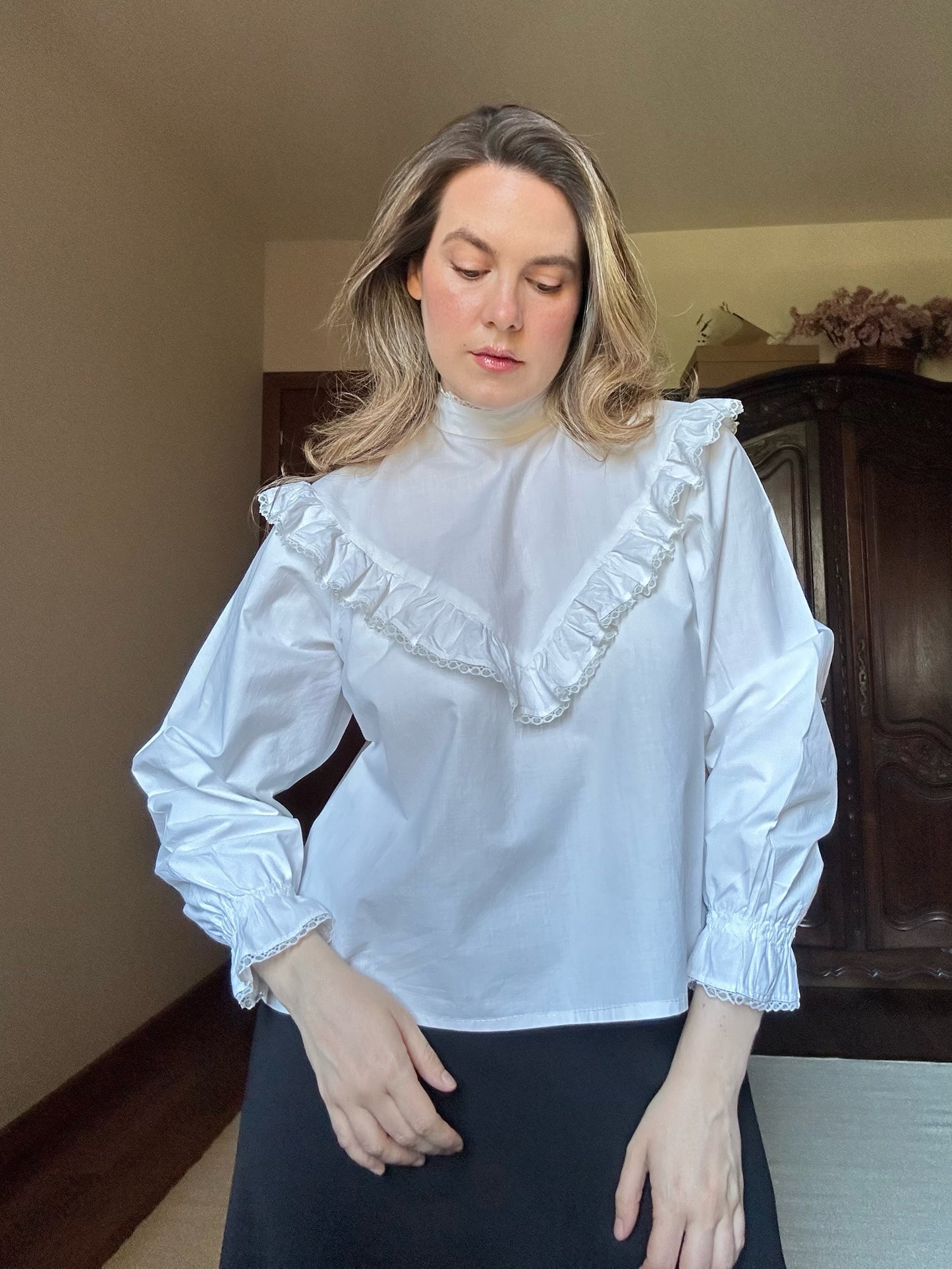 White Ruffled Mock Neck Shirt