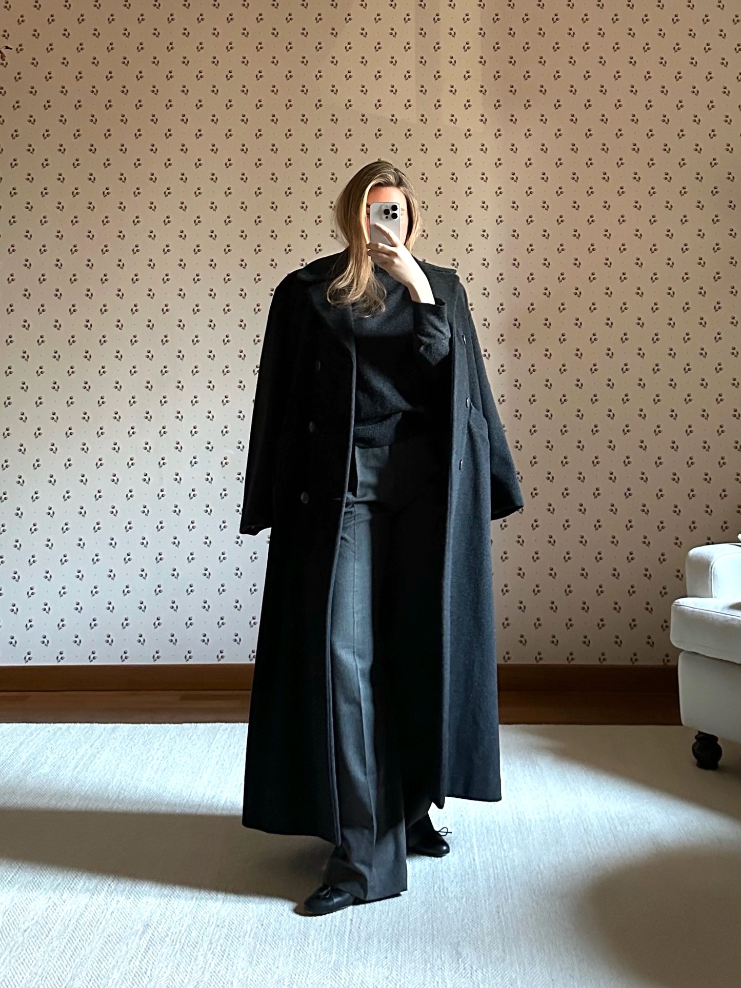Long Gray Wool & Cashmere Belted Coat
