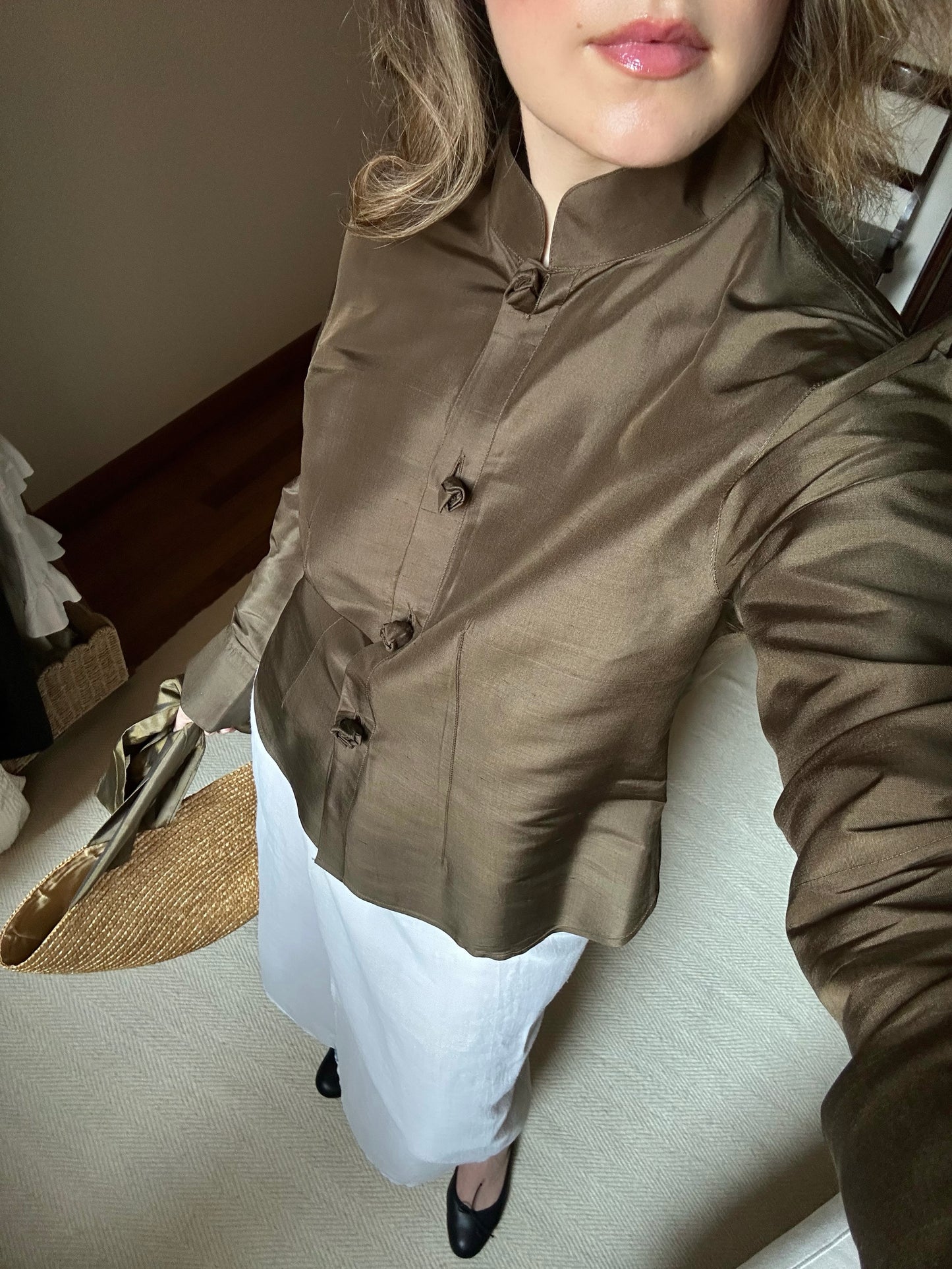 100% Silk Khaki Shirt With Rose Buttons