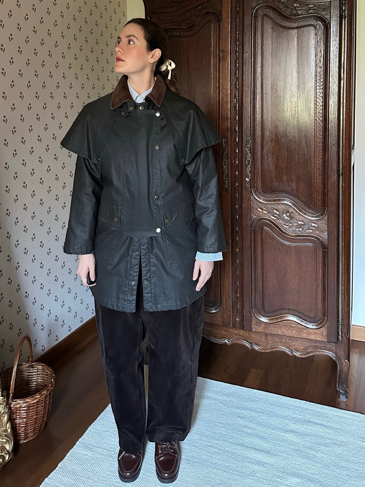 Waxed Jacket With Cape & Tartan Vest