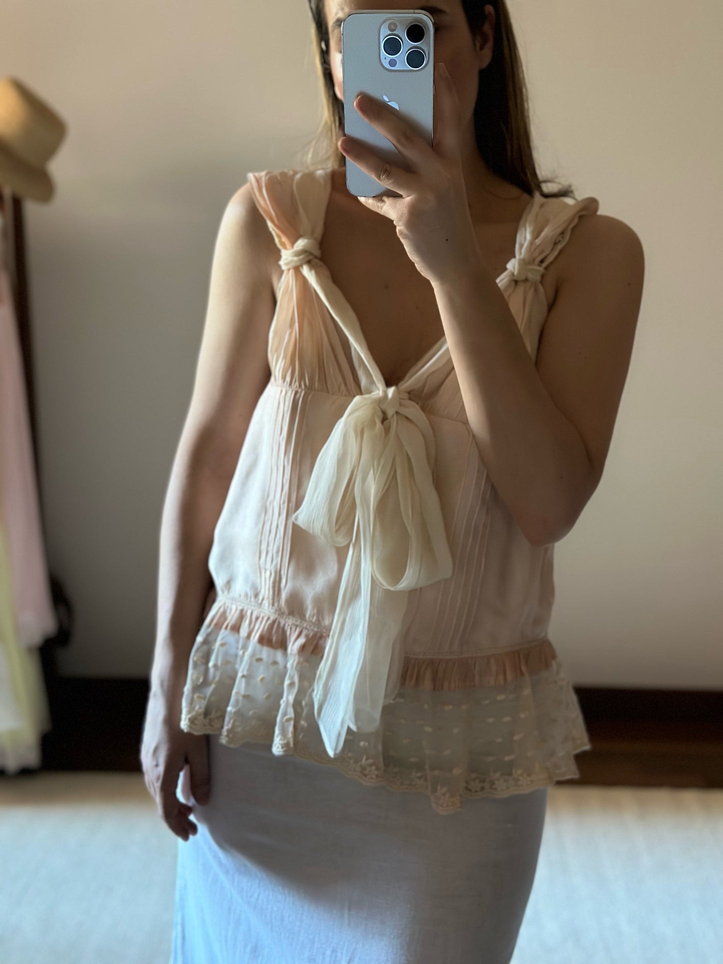 100% Silk Pink Lace Top