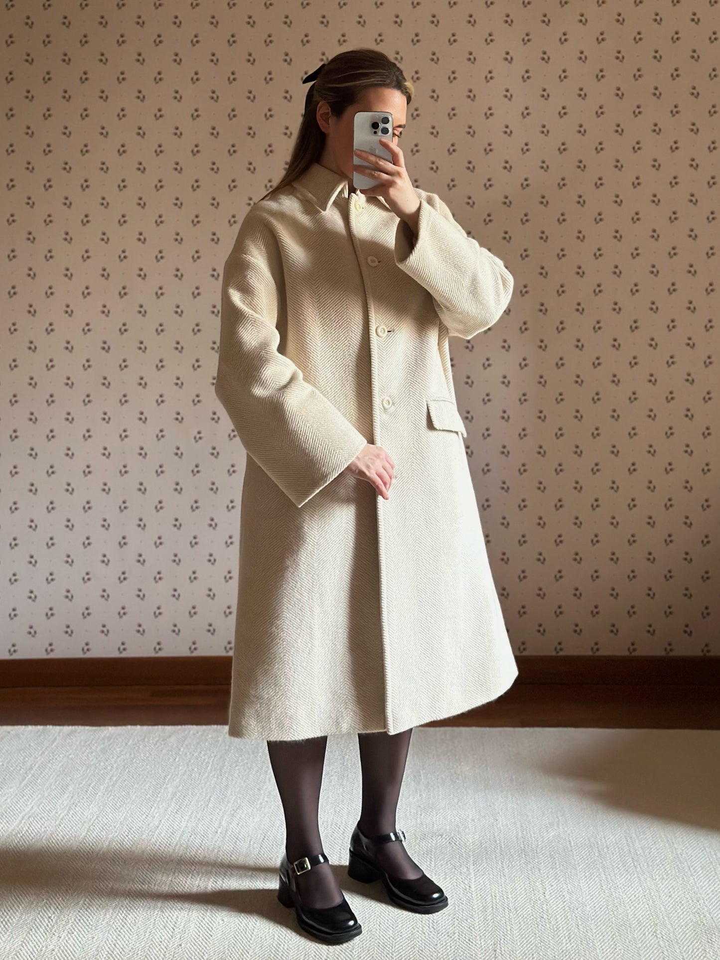 Milky White Pure Wool Herringbone Coat