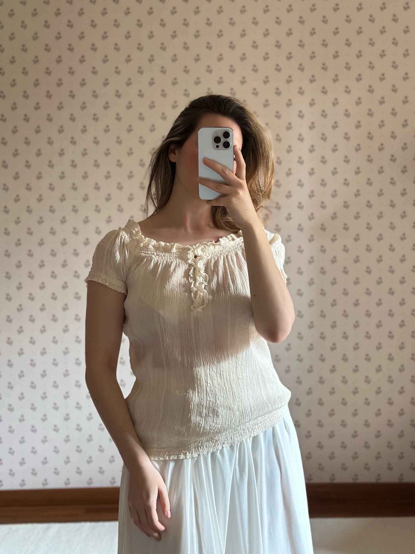 100% Silk Ivory Ruffle Top