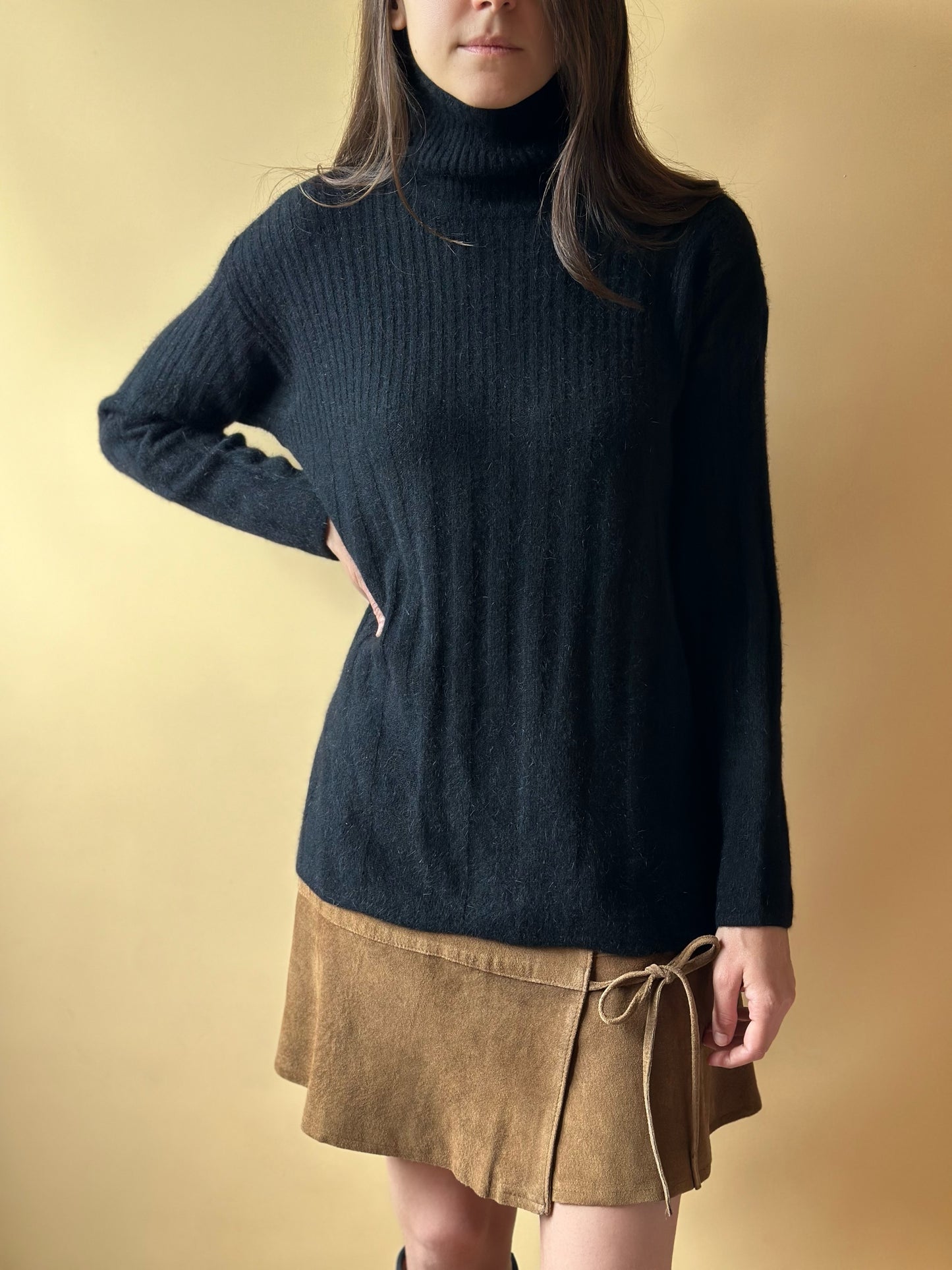 Vintage Lambswool & Angora Fuzzy Black Turtleneck