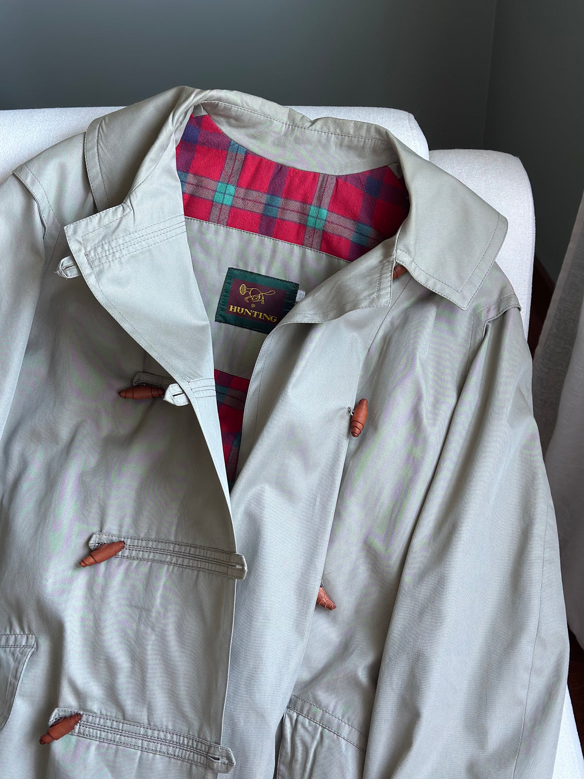 Khaki Trench Coat With Red Tartan Lining