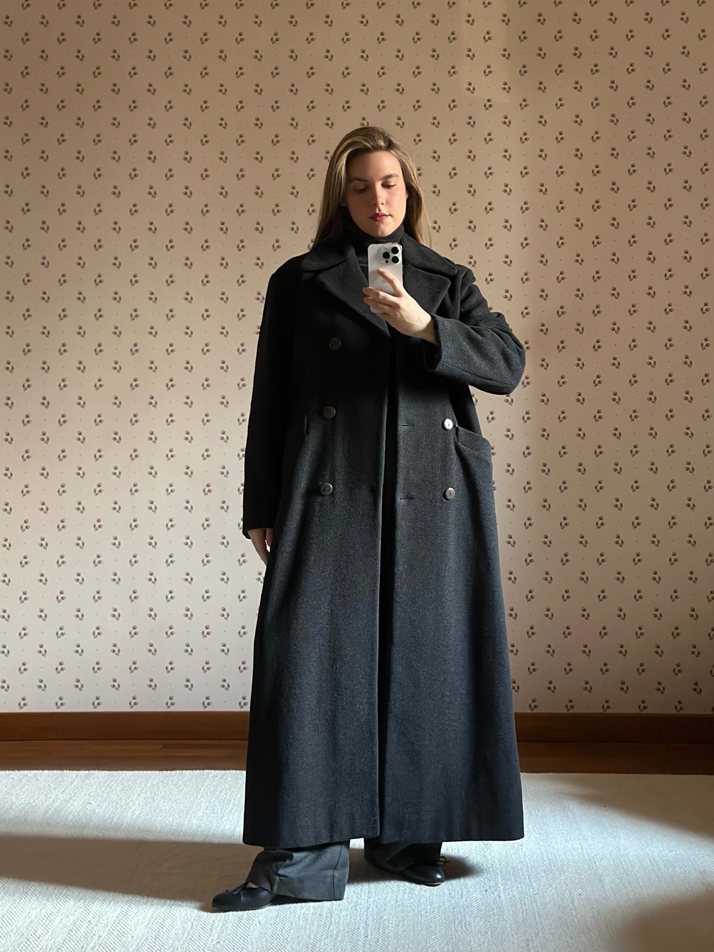 Long Gray Wool & Cashmere Belted Coat