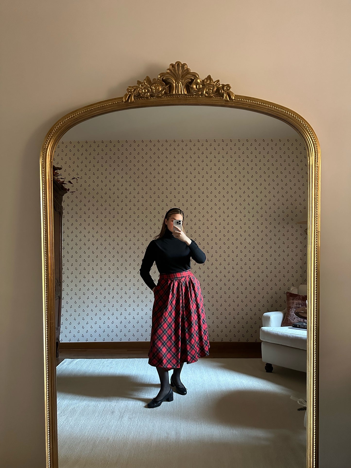 Red Tartan Pure Wool Midi Circle Skirt
