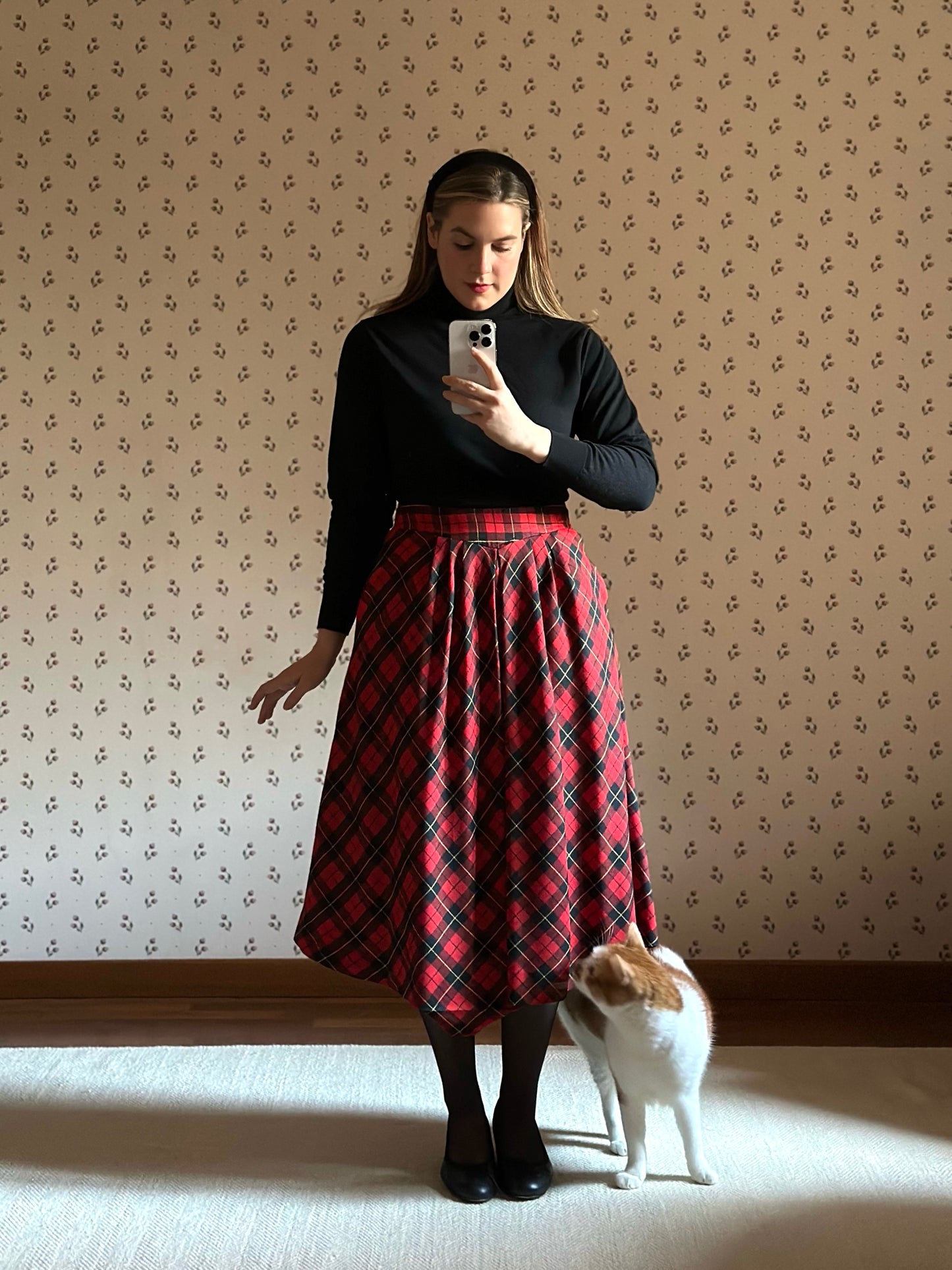 Red Tartan Pure Wool Midi Circle Skirt