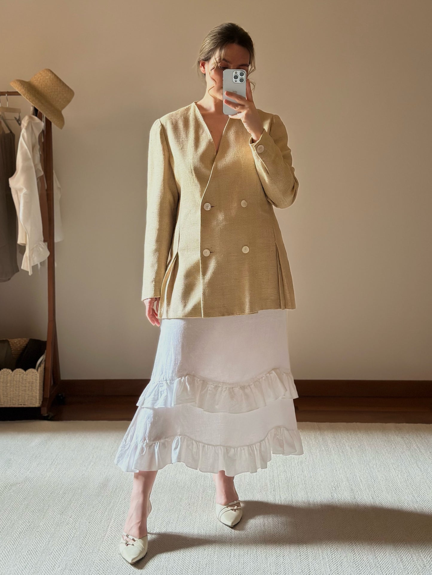 Linen & Cotton White Ruffled Long Skirt