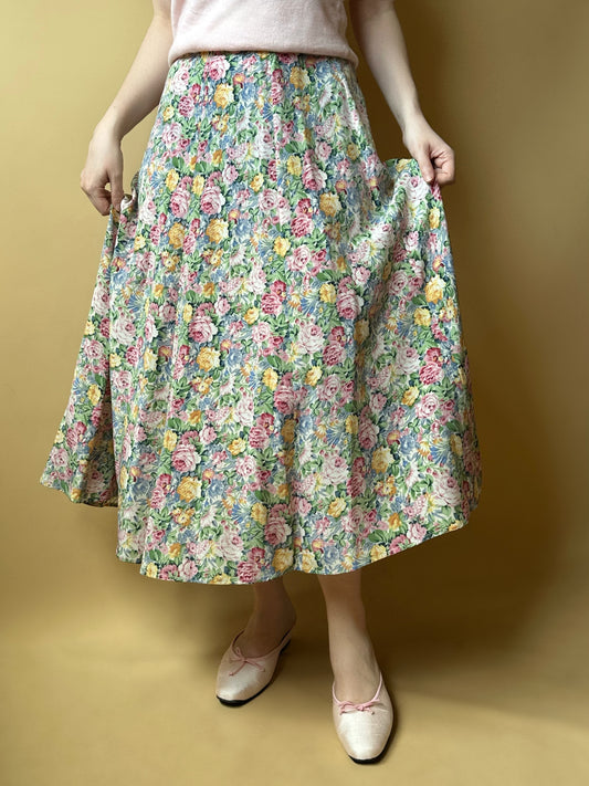 Vintage Pure Silk Midi Floral Skirt