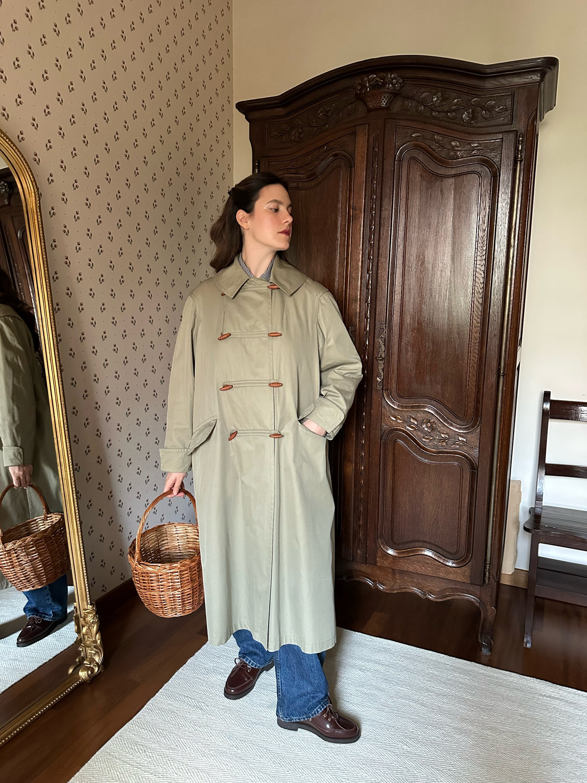 Khaki Trench Coat With Red Tartan Lining