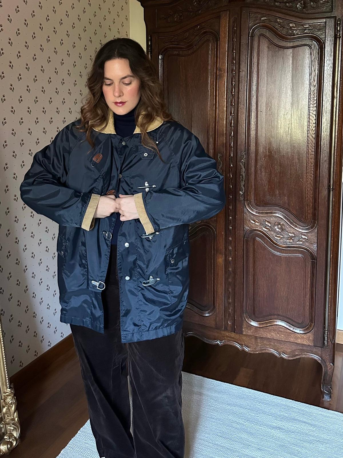 Blue Rainproof Jacket With Metal Clasps