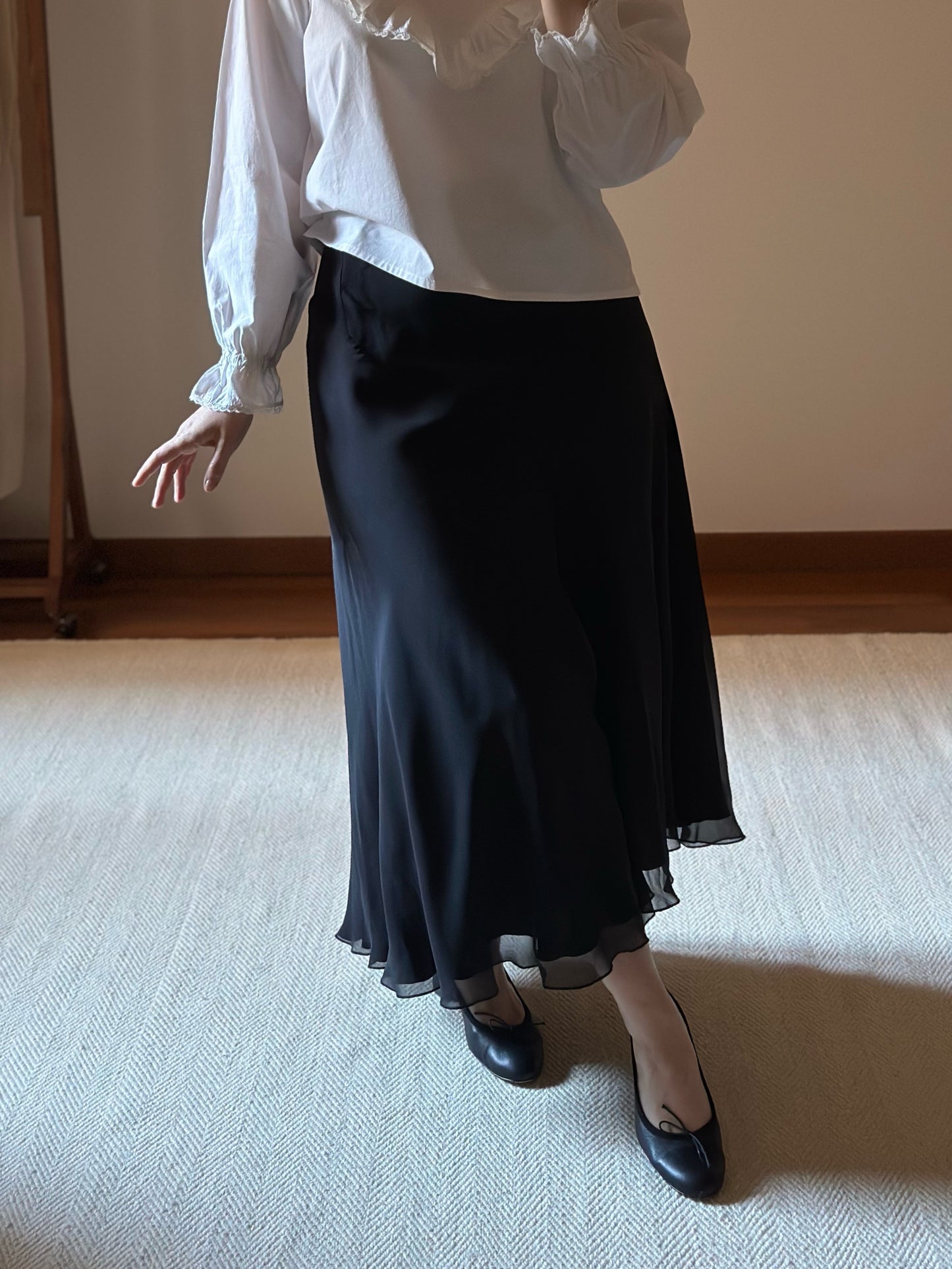 Pure Silk Black Midi Skirt