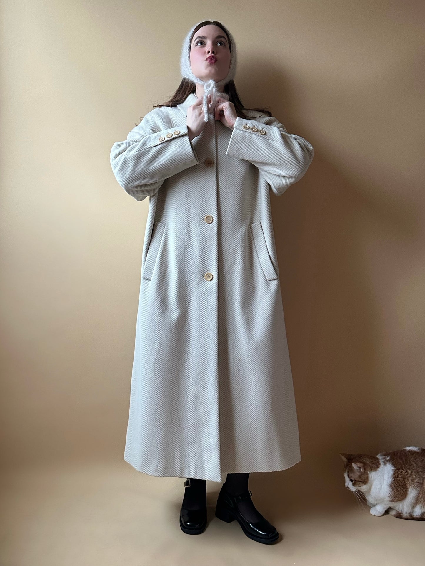 Vintage Cream Herringbone Maxi Coat