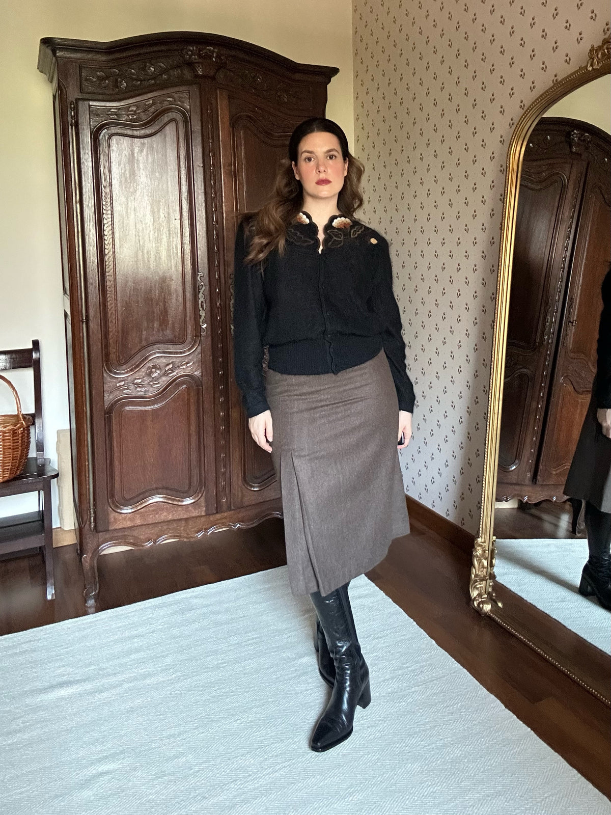 Pure Wool Taupe Midi Skirt