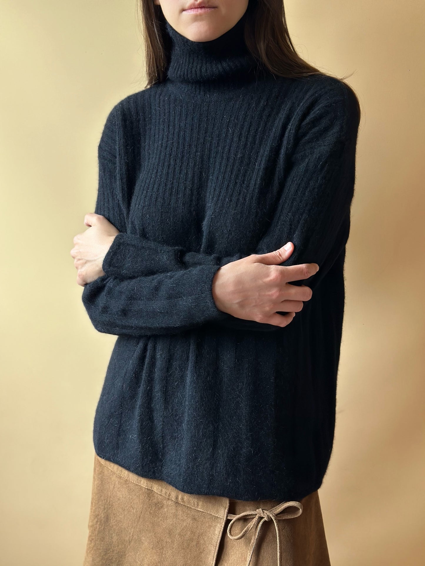 Vintage Lambswool & Angora Fuzzy Black Turtleneck