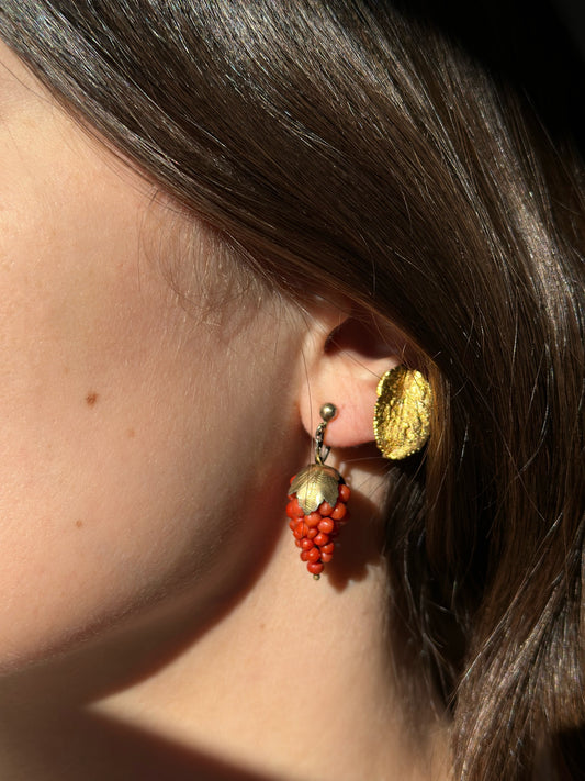 Vintage Coral & Gold Grape Antique Earrings