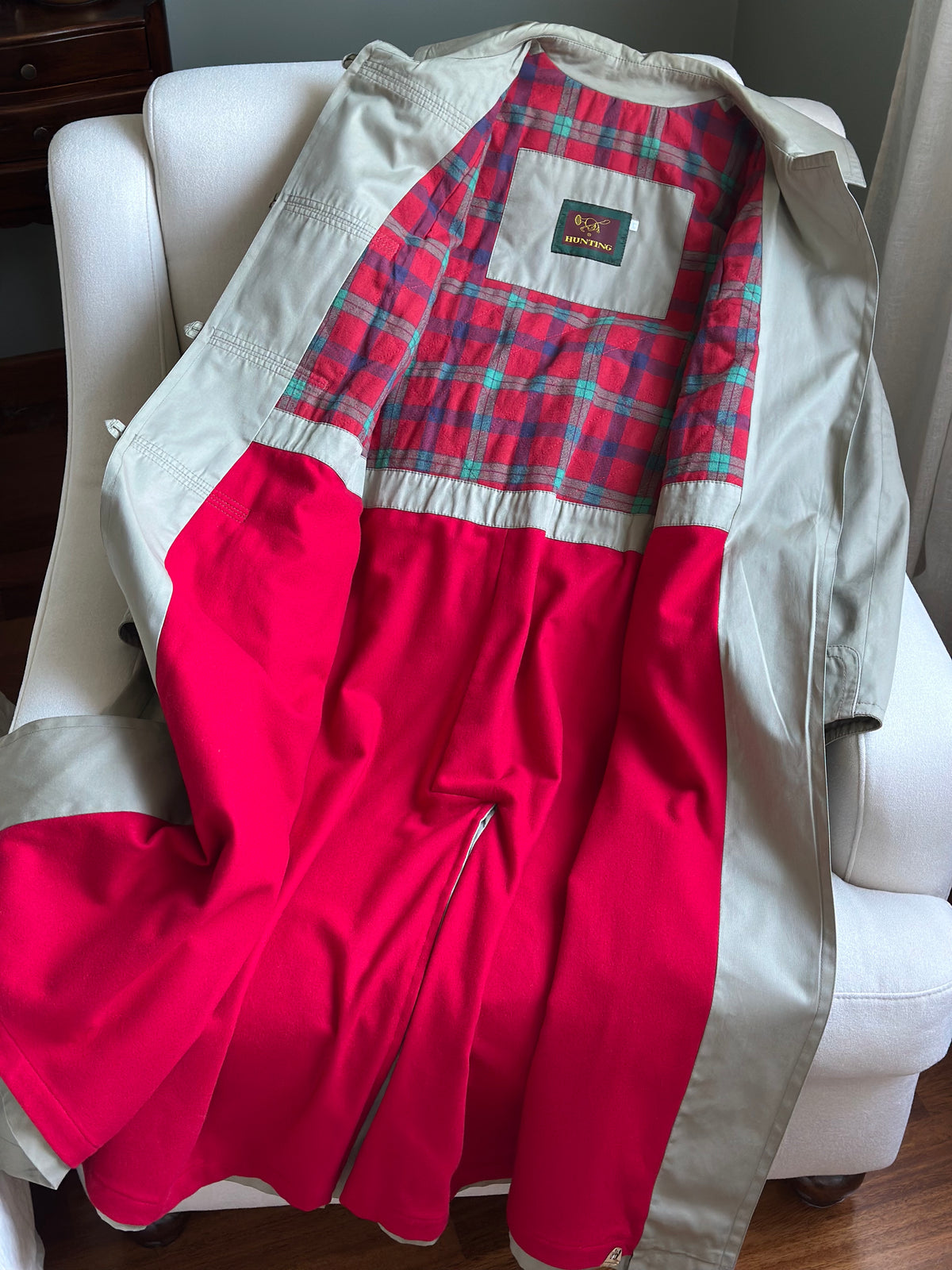 Khaki Trench Coat With Red Tartan Lining