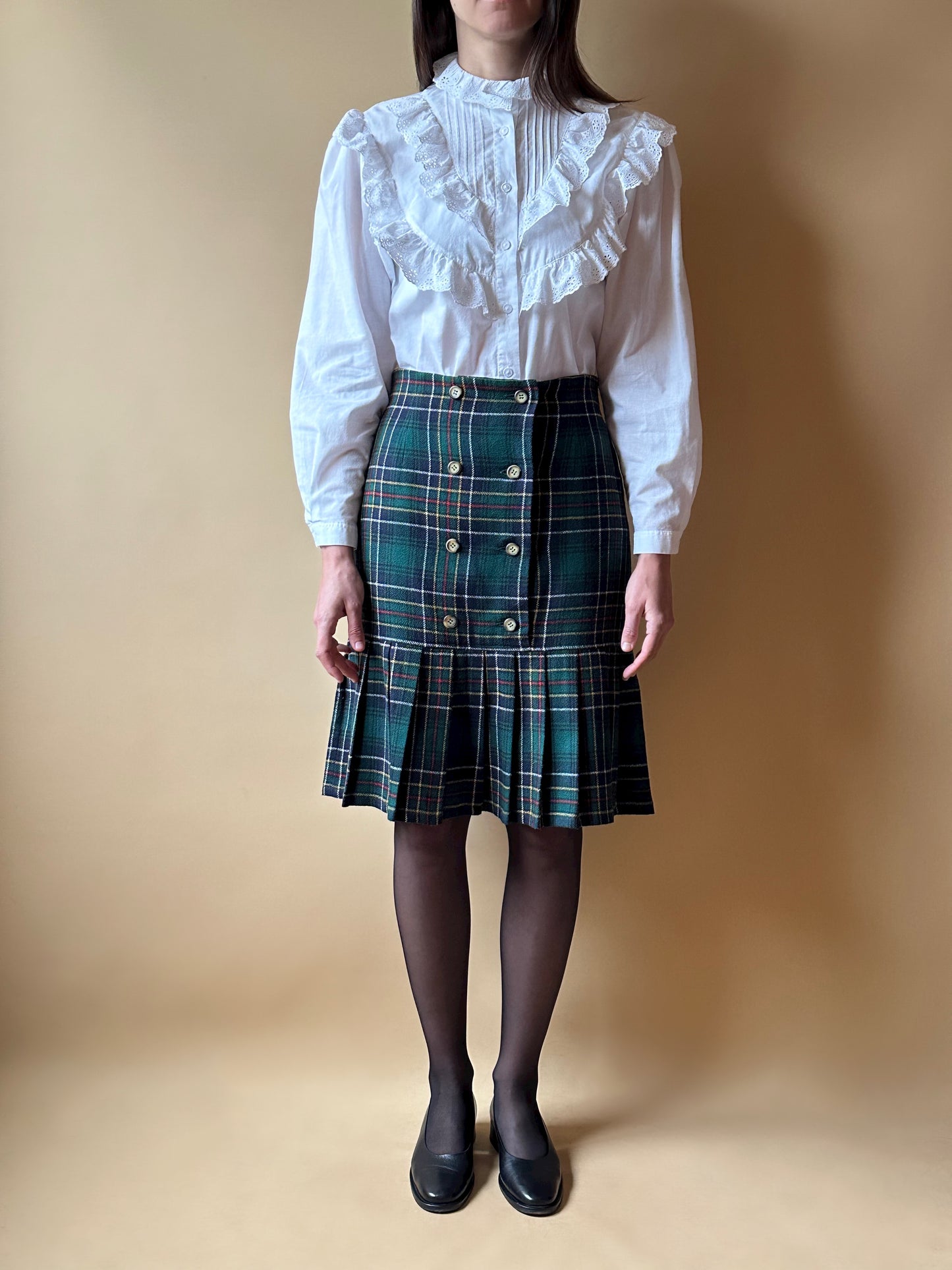 Vintage Tartan Green Pleated Skirt