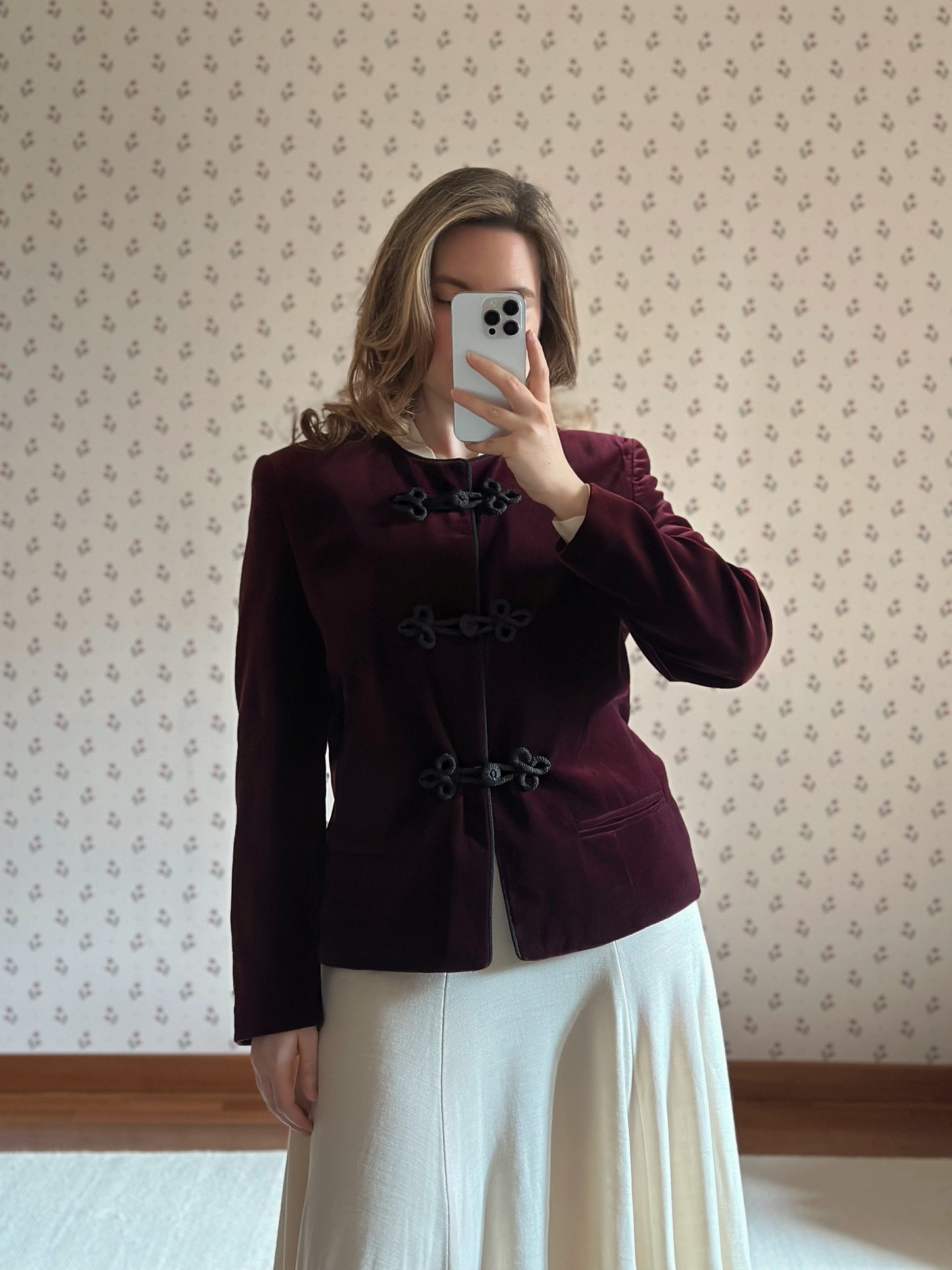 Burgundy Velvet Jacket With Frog Buttons