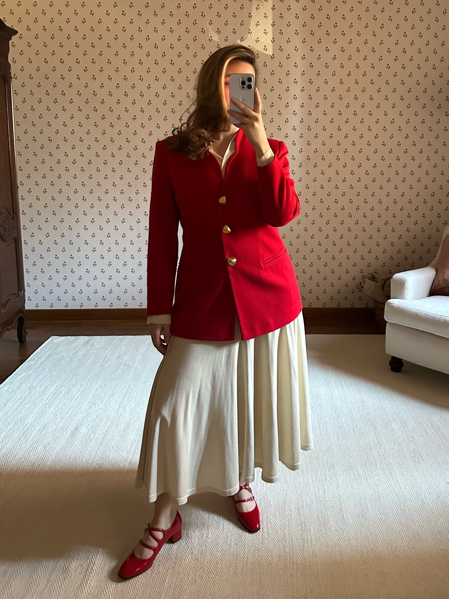 Red Wool Blazer With Golden Buttons