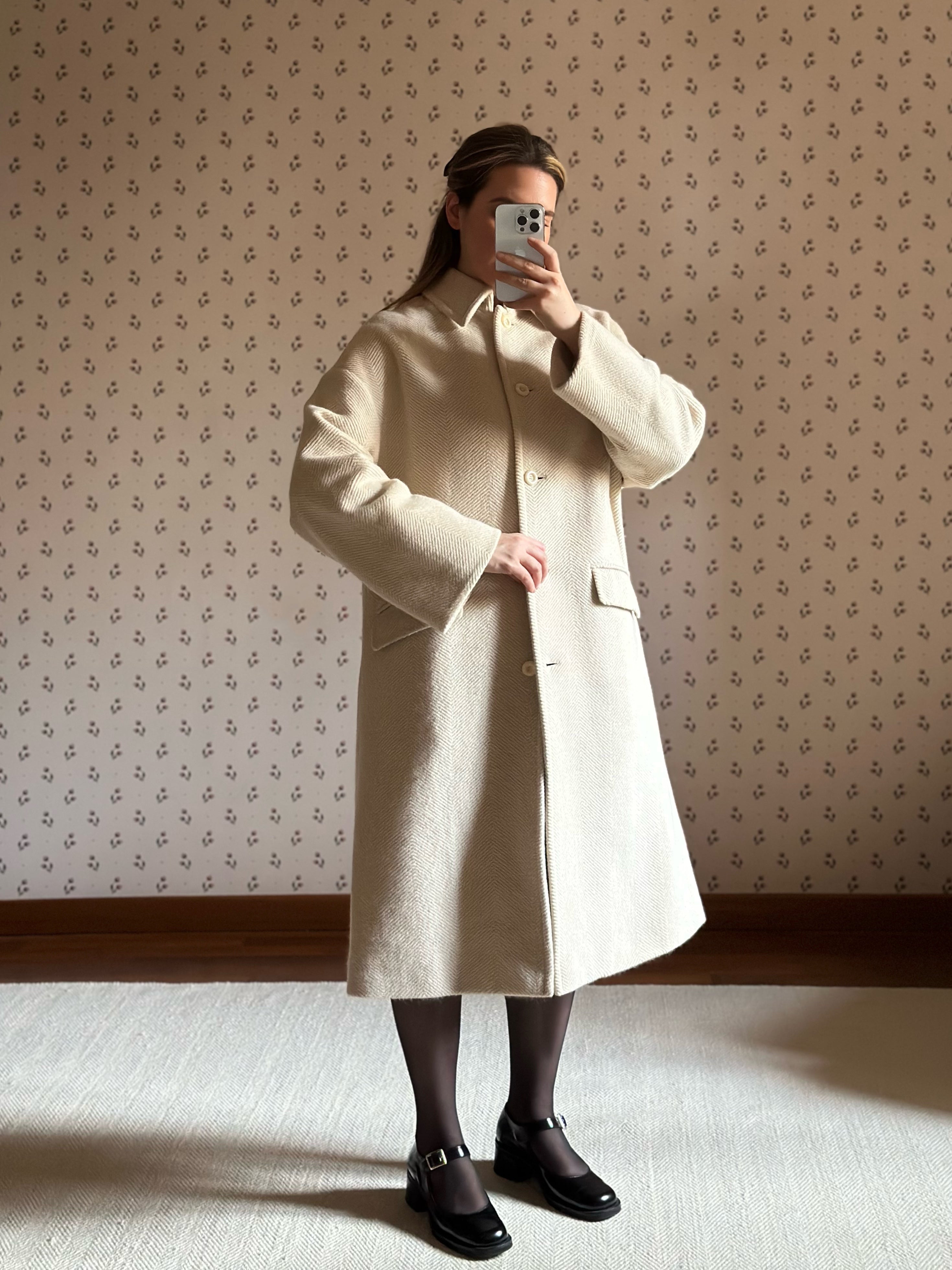 Milky White Pure Wool Herringbone Coat