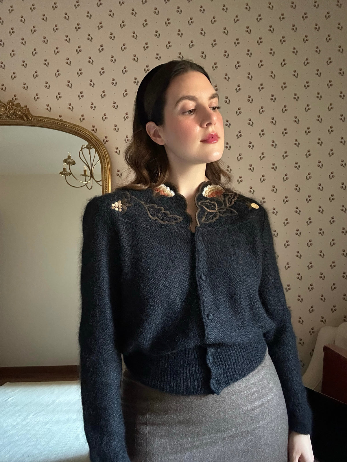 Alpaca & Mohair Embroidered Black Cardigan