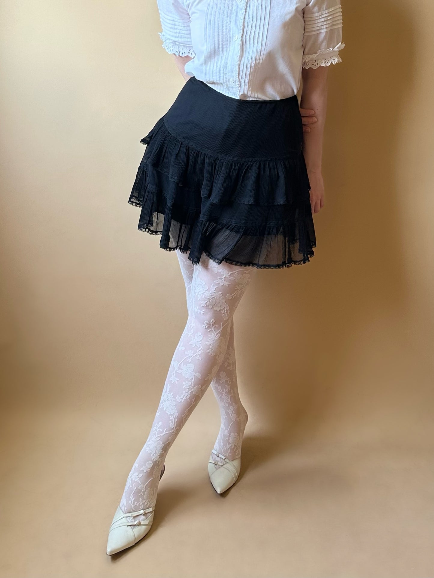 Vintage Pure Silk Ruffled Black Skirt