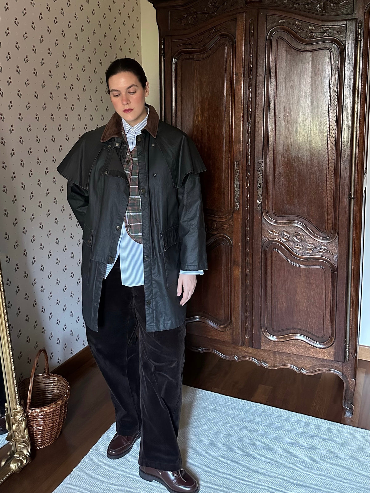 Waxed Jacket With Cape & Tartan Vest