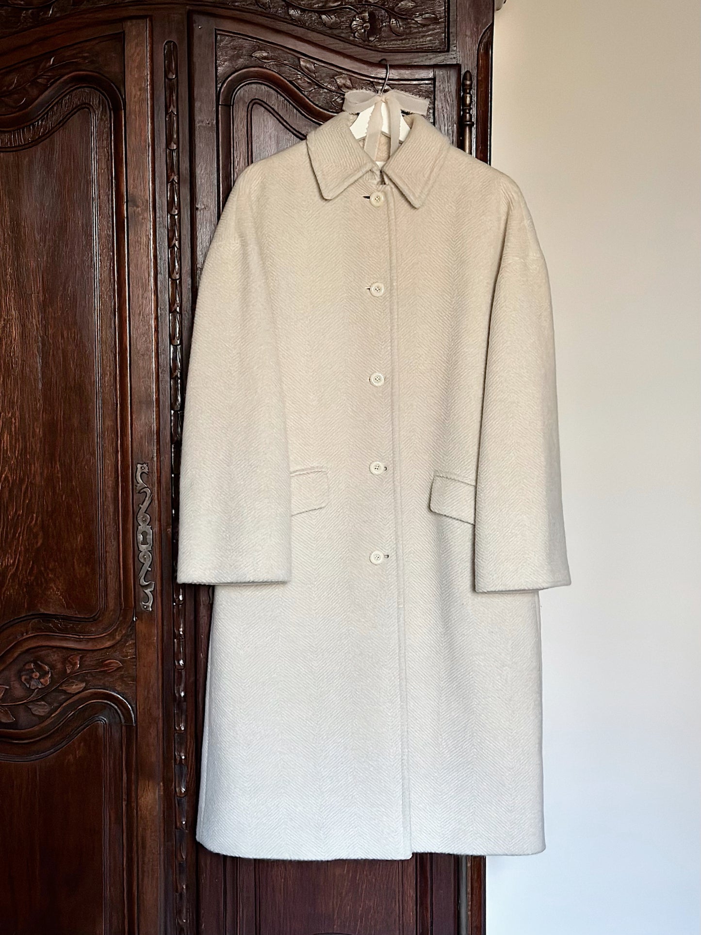Milky White Pure Wool Herringbone Coat