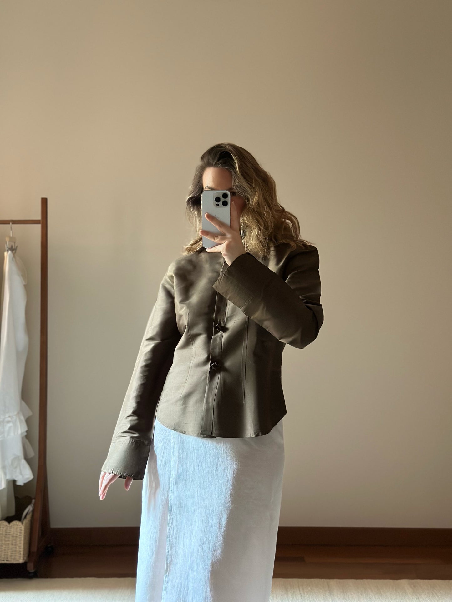 100% Silk Khaki Shirt With Rose Buttons
