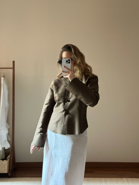 100% Silk Khaki Shirt With Rose Buttons