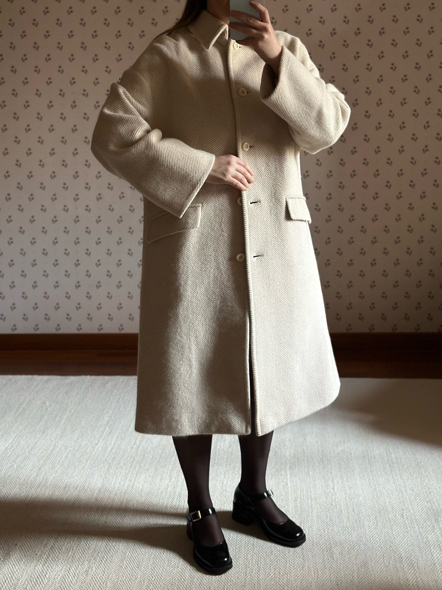 Milky White Pure Wool Herringbone Coat