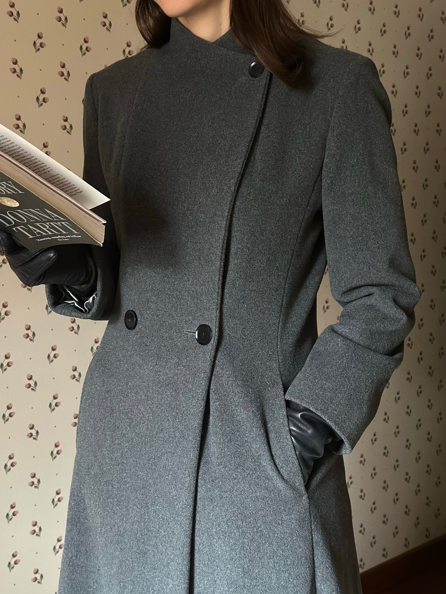 Gray Structured Wool & Cashmere Round Neck Coat