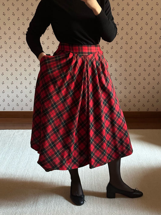 Red Tartan Pure Wool Midi Circle Skirt