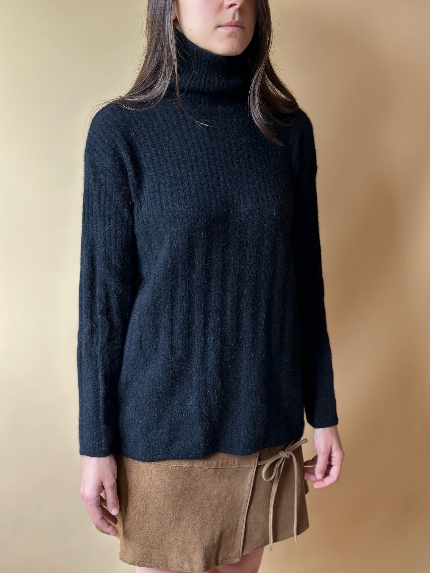 Vintage Lambswool & Angora Fuzzy Black Turtleneck