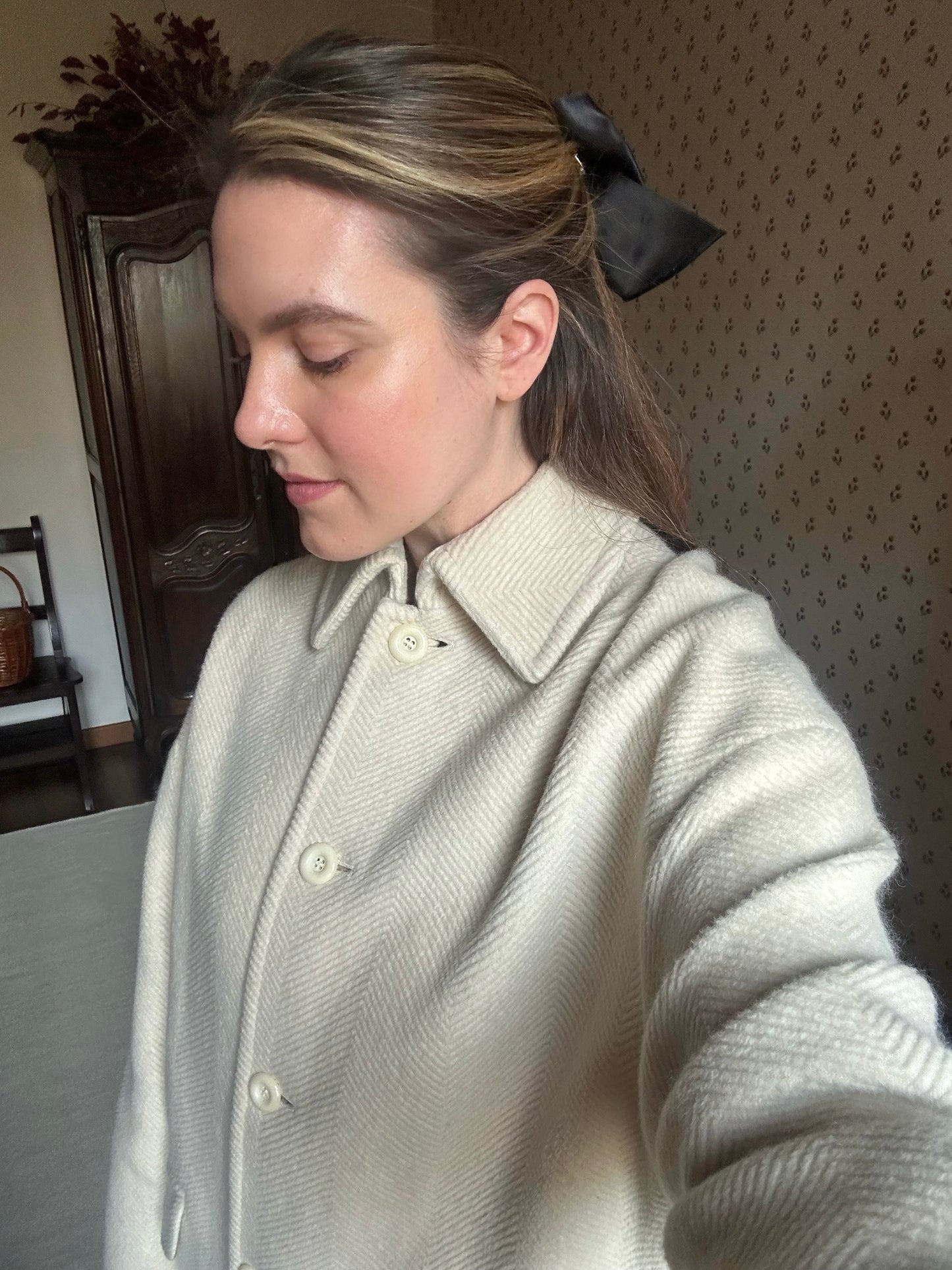 Milky White Pure Wool Herringbone Coat