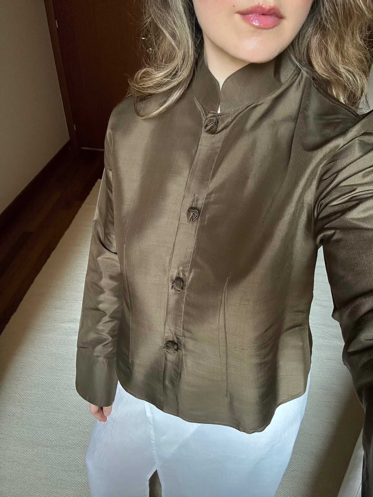 100% Silk Khaki Shirt With Rose Buttons