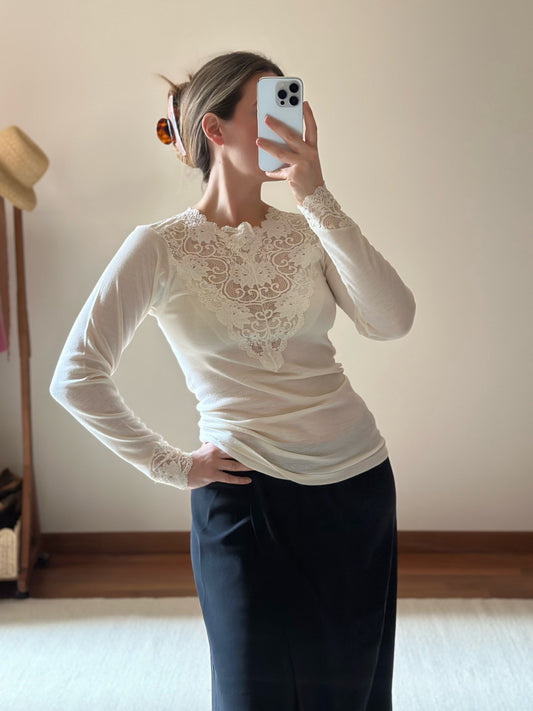 Cool Wool Lace White Long Sleeves Top