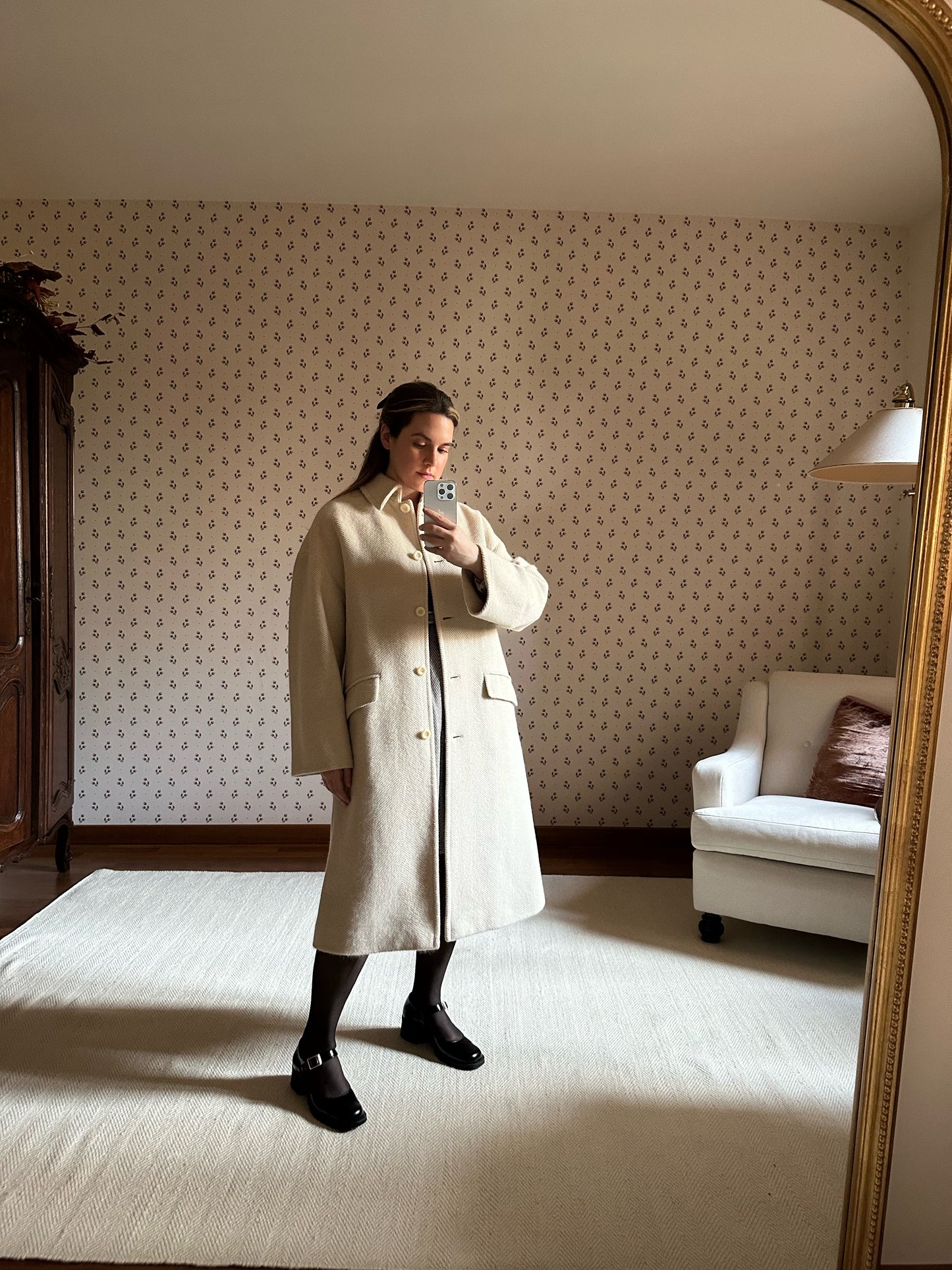 Milky White Pure Wool Herringbone Coat