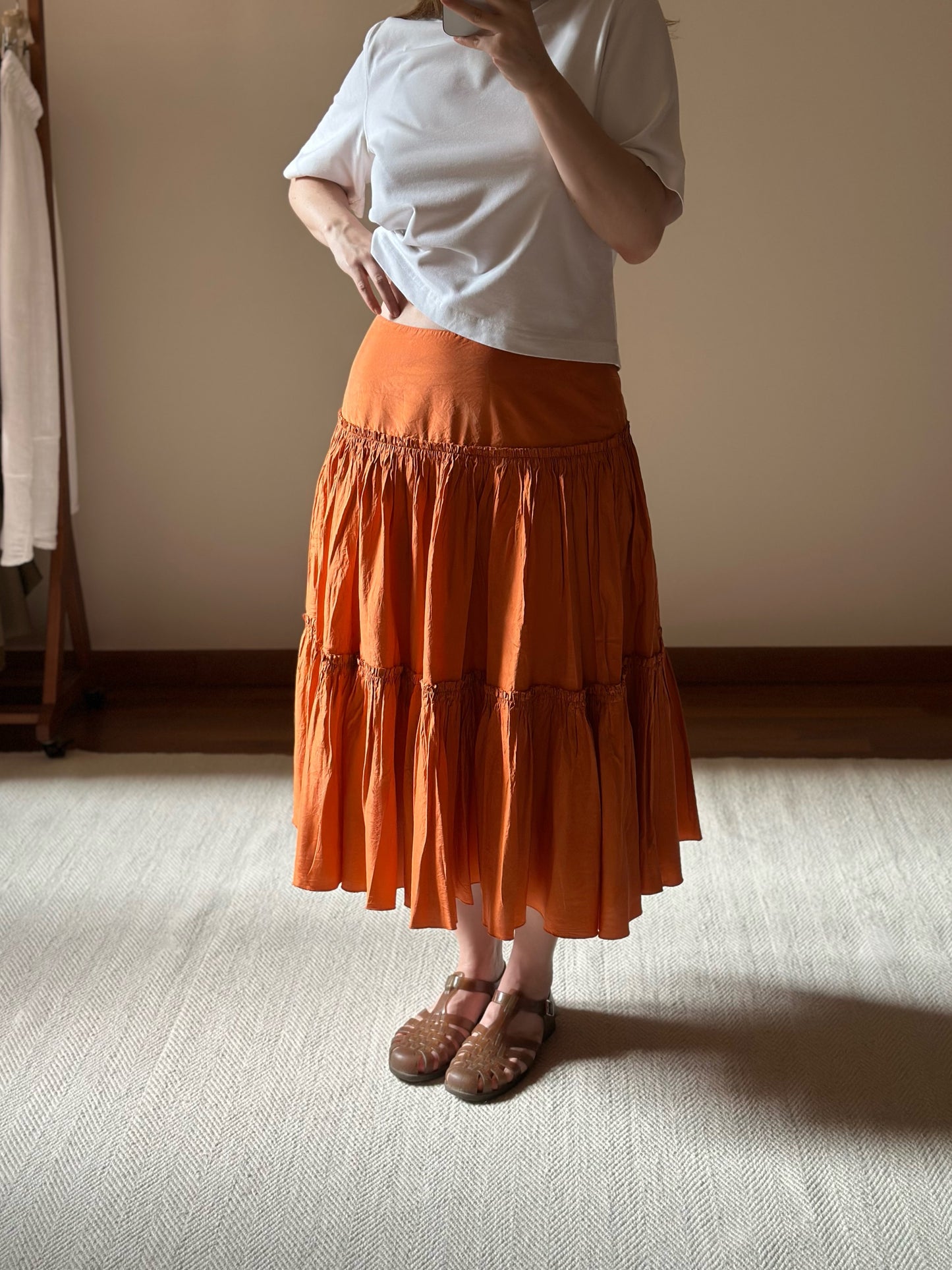 100% Silk Orange Ruffled Skirt