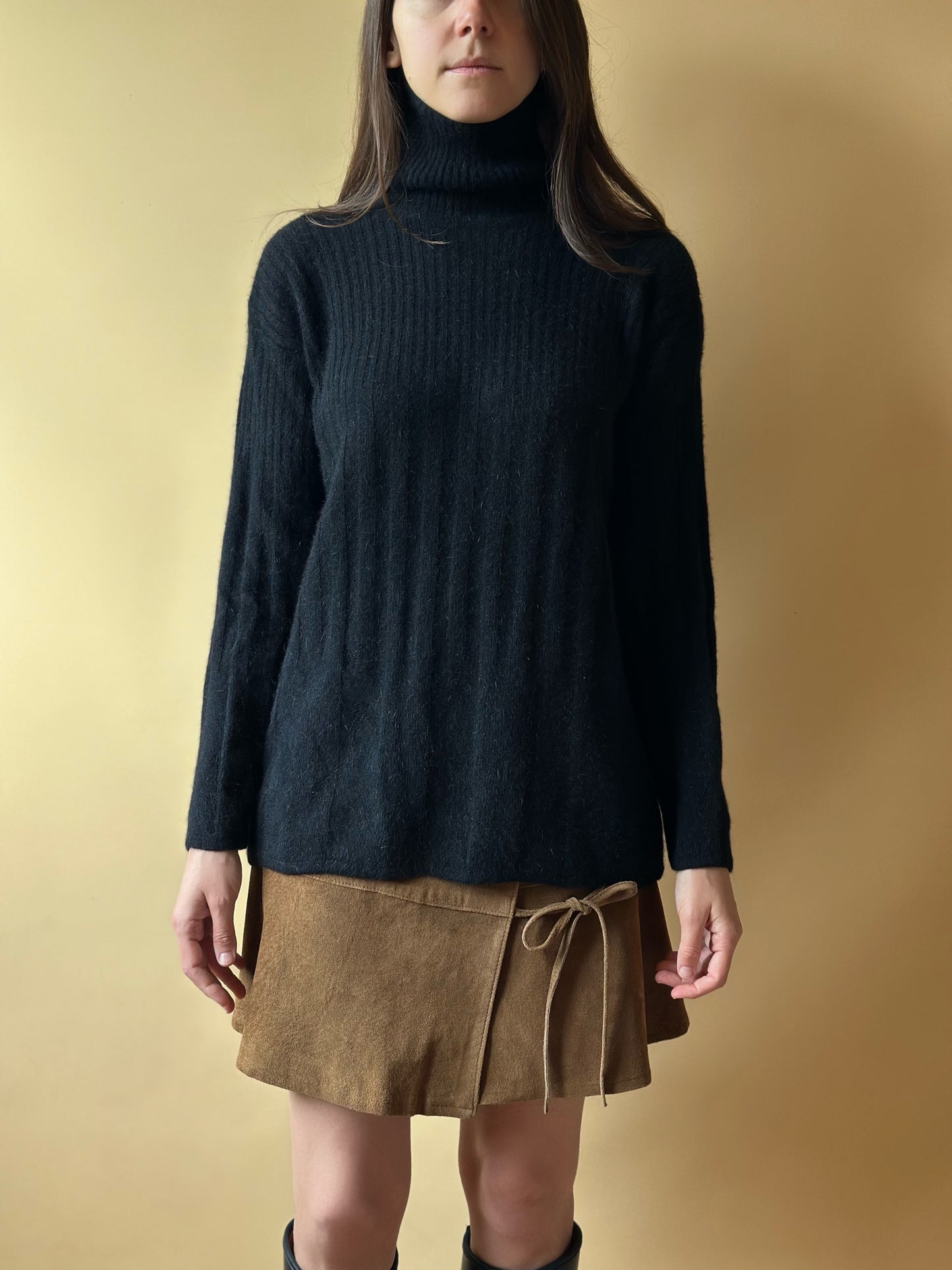 Vintage Lambswool & Angora Fuzzy Black Turtleneck