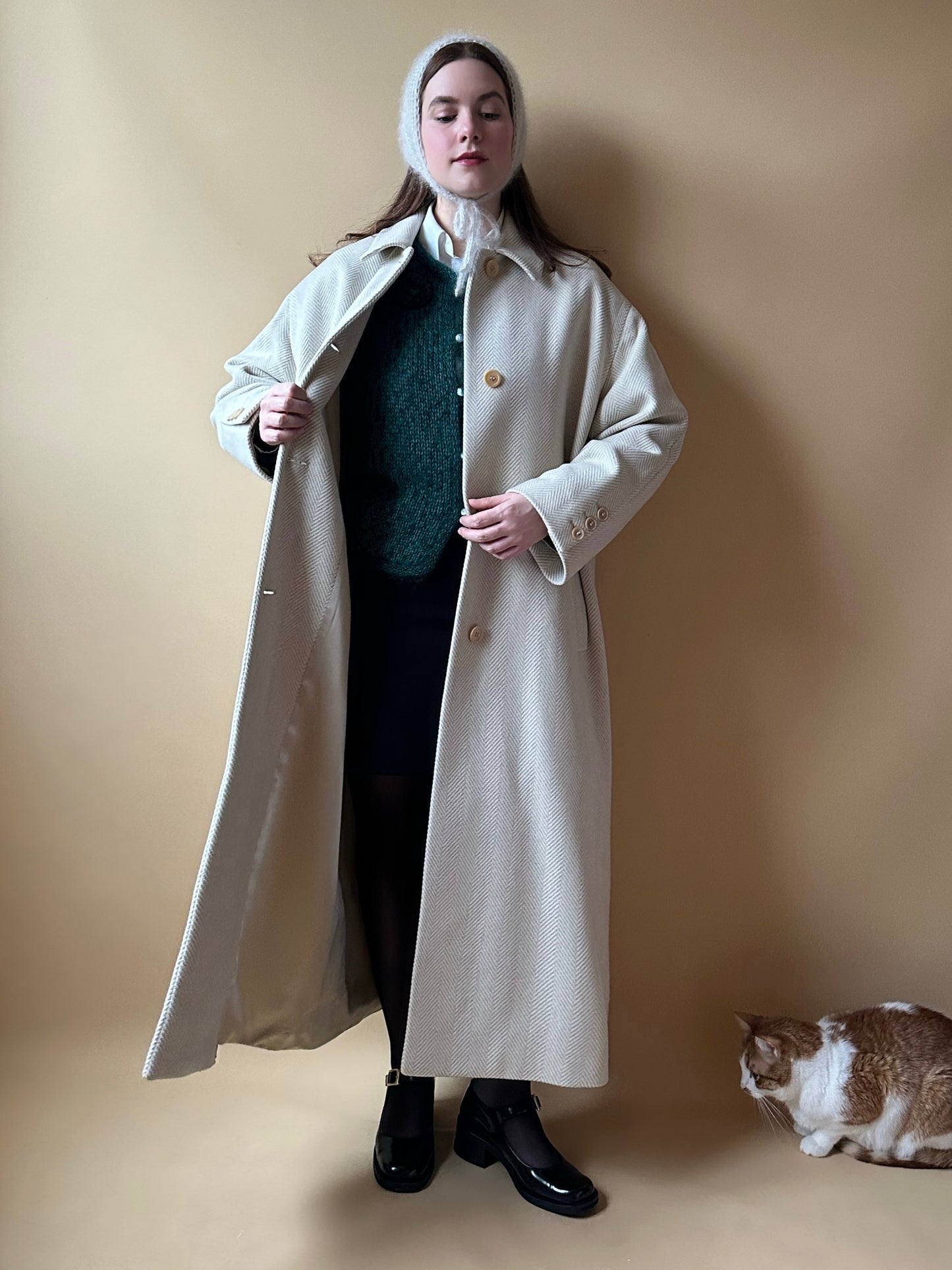 Vintage Cream Herringbone Maxi Coat